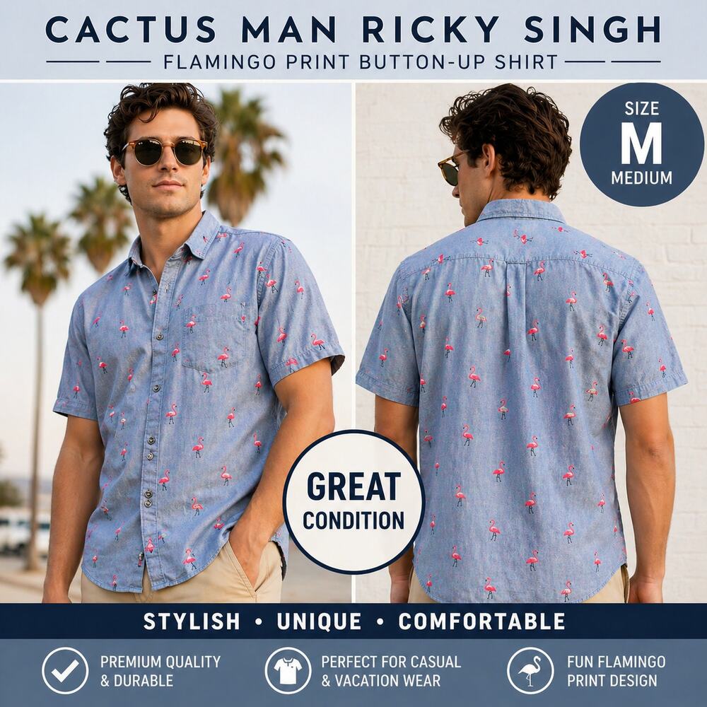 Cactus Man Ricky Singh Men's Blue Button-Down Flamingo Short Sleeve Shirt Size M